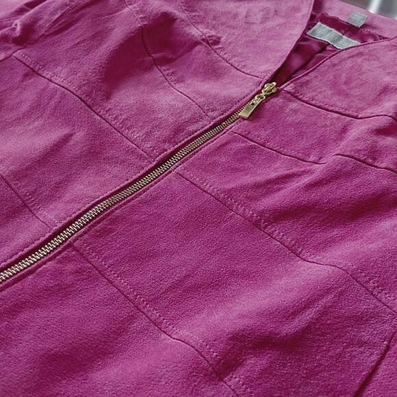 Guillaume magenta suede collarless V-neck zip front jacket - Picture 8 of 16